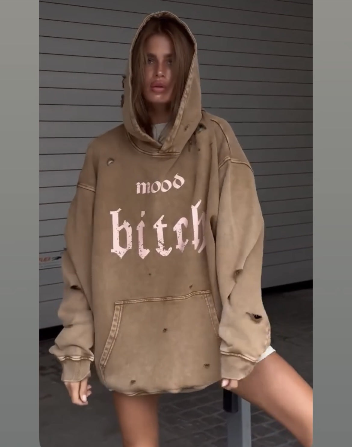Womens Casual Washed Broken Print Hoodie