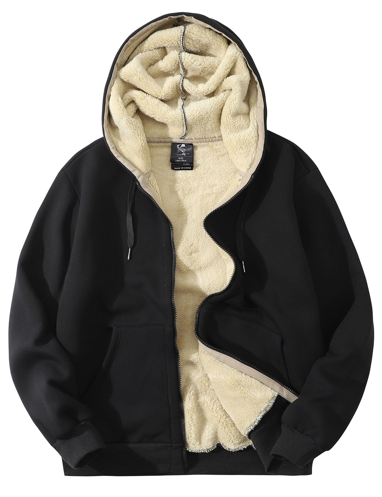 Flygo Mens Sherpa Hoodie Jacket Fleece Lined Zip Up Warm Hoodies Sweatshirt Winter Zipper Sweater Hooded Coat(Black-S)